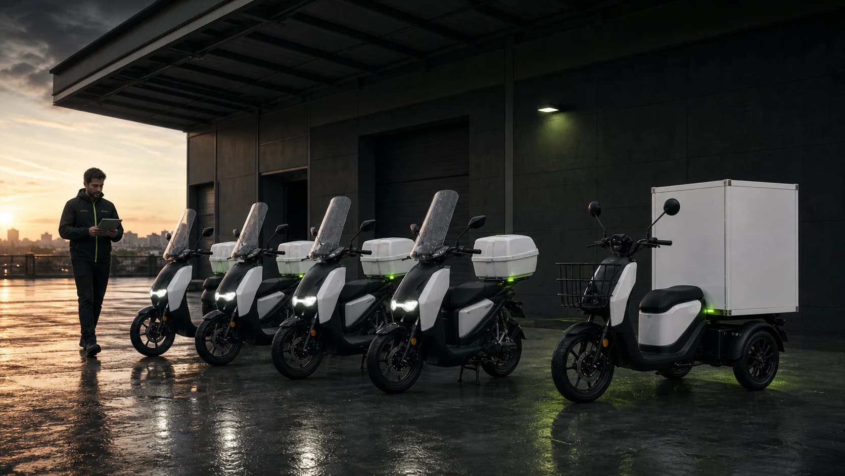 Una fila de motos blancas con baúl y un triciclo de caja frente a un galpón oscuro al amanecer, mientras un hombre de campera los revisa con una tablet.