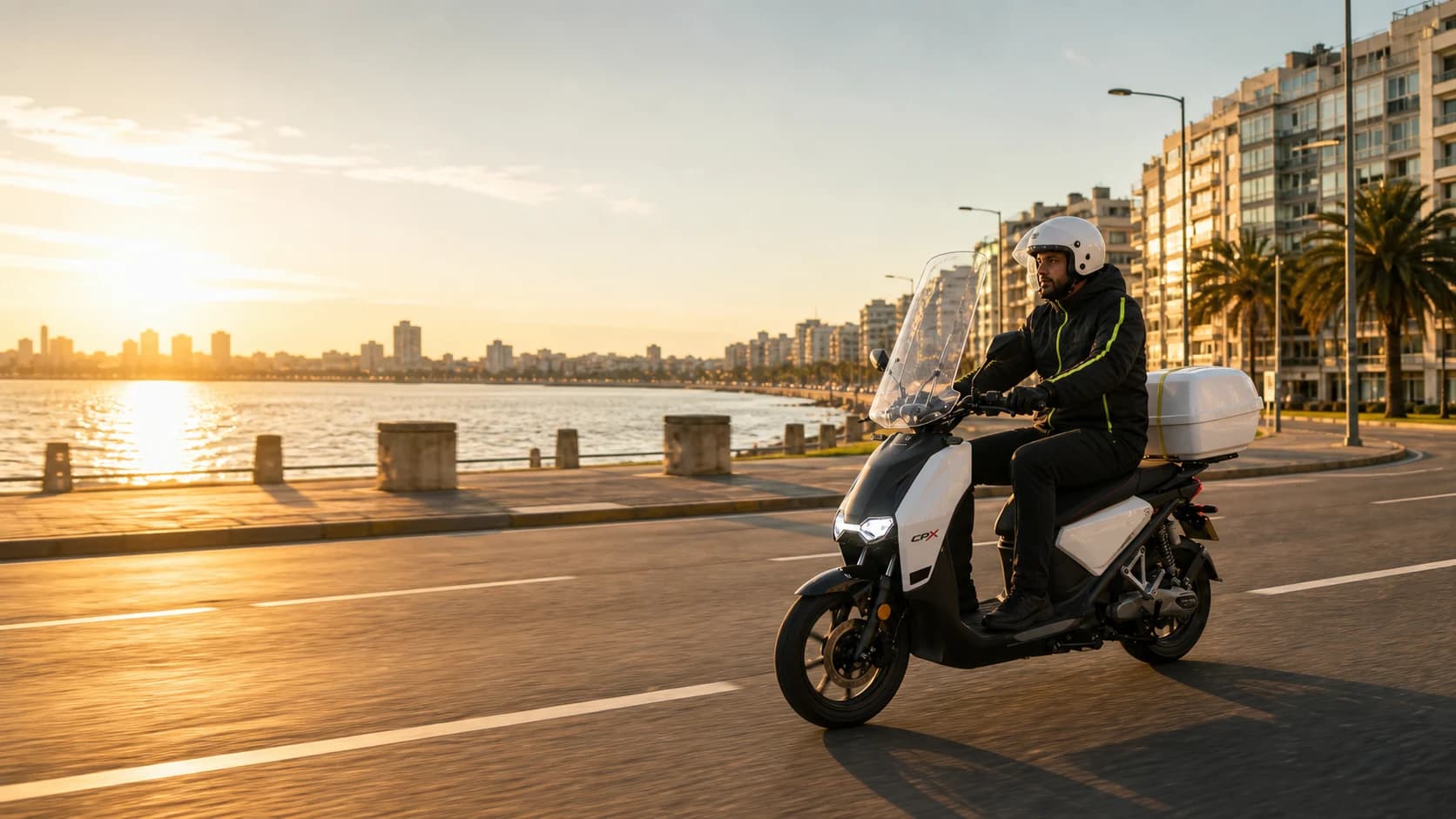 Un repartidor de campera negra con vivos lima anda en una moto blanca con baúl por la rambla de Montevideo al atardecer, con el río a la izquierda y palmeras y edificios al fondo.